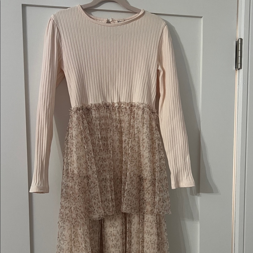 Pink Long Sleeve Dress with Floral Skirt
